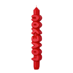 A red Love You 3D Candle features the words “LOVE YOU” shaped vertically, with the wick at the top and a smooth, bold design set against a plain white background. Gate21.ee
