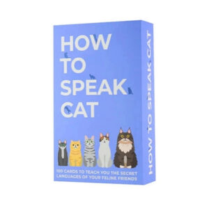 A blue box titled How to Speak Cat - Trivia Card Game features illustrations of five cats, bird silhouettes, and contains 100 cards for discovering your feline’s secret language—just like the Totally 90's Trivia Card Game. Gate21.ee