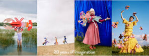 Four vibrant scenes: a person in water with the Rosalia Beetle, people in costumes on sand, someone in pink with plush creatures, and a person in floral among butterflies and a StudioROOF dragonfly. Text: &ldquo;20 years of imagination.&rdquo;. Gate21.ee