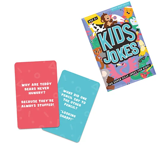 A box labelled Kids Jokes - Cards with two cards: one reads, "Why are teddy bears never hungry? Because they’re always stuffed!" and the other says, "What did one pencil say to the other? Looking sharp!. Gate21.ee
