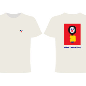 Two white Main Character - PROJECTION Ts: the front features a small abstract face with blue eyes and a red nose, whilst the back displays a larger abstract face and hand on a red rectangle with &ldquo;MAIN CHARACTER&rdquo; text underneath. Gate21.ee