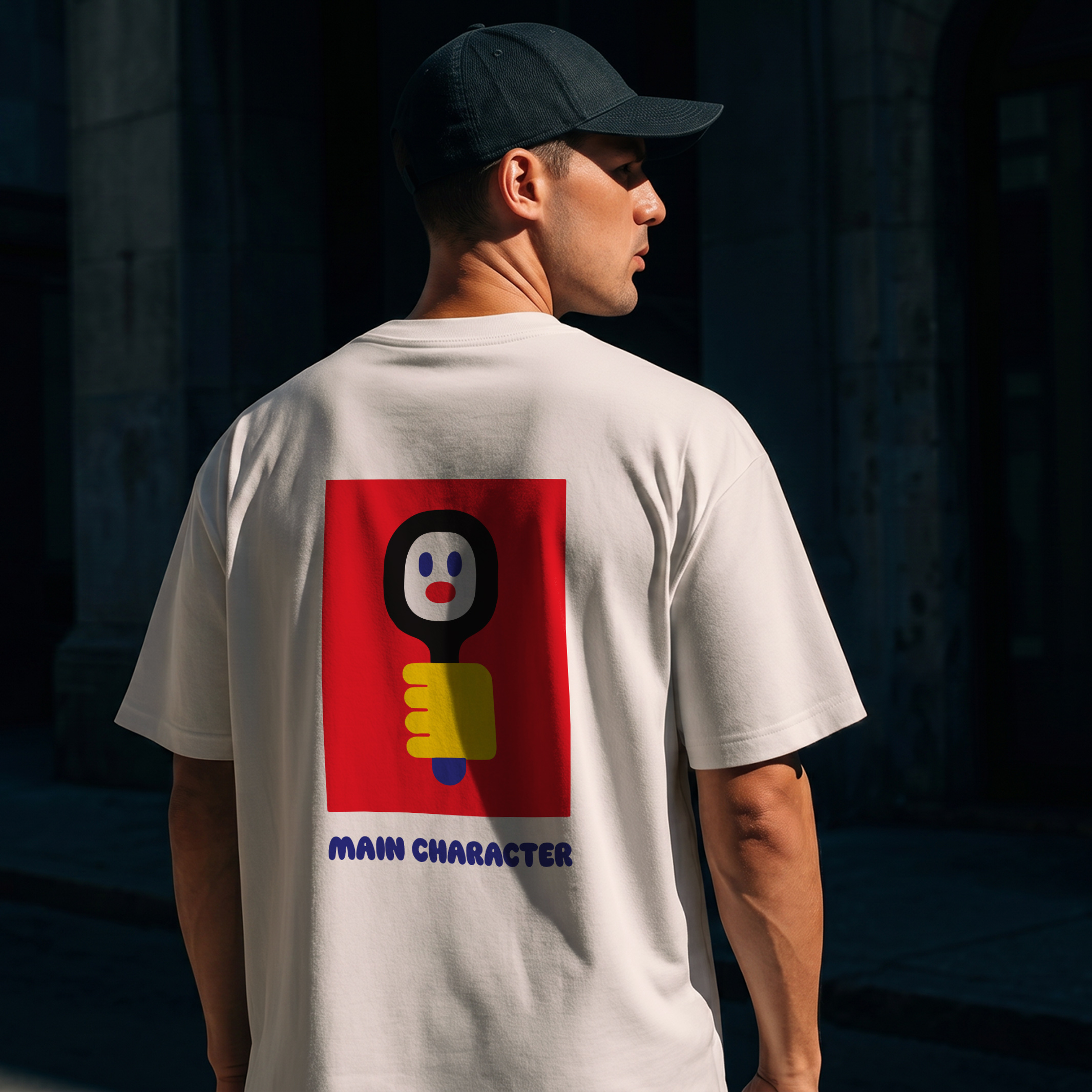 A man stands outdoors in a dimly lit urban setting, wearing a black cap and the Main Character - PROJECTION T-shirt, which displays a cartoon face reflected in a hand mirror graphic with the words “MAIN CHARACTER” printed below. Gate21.ee