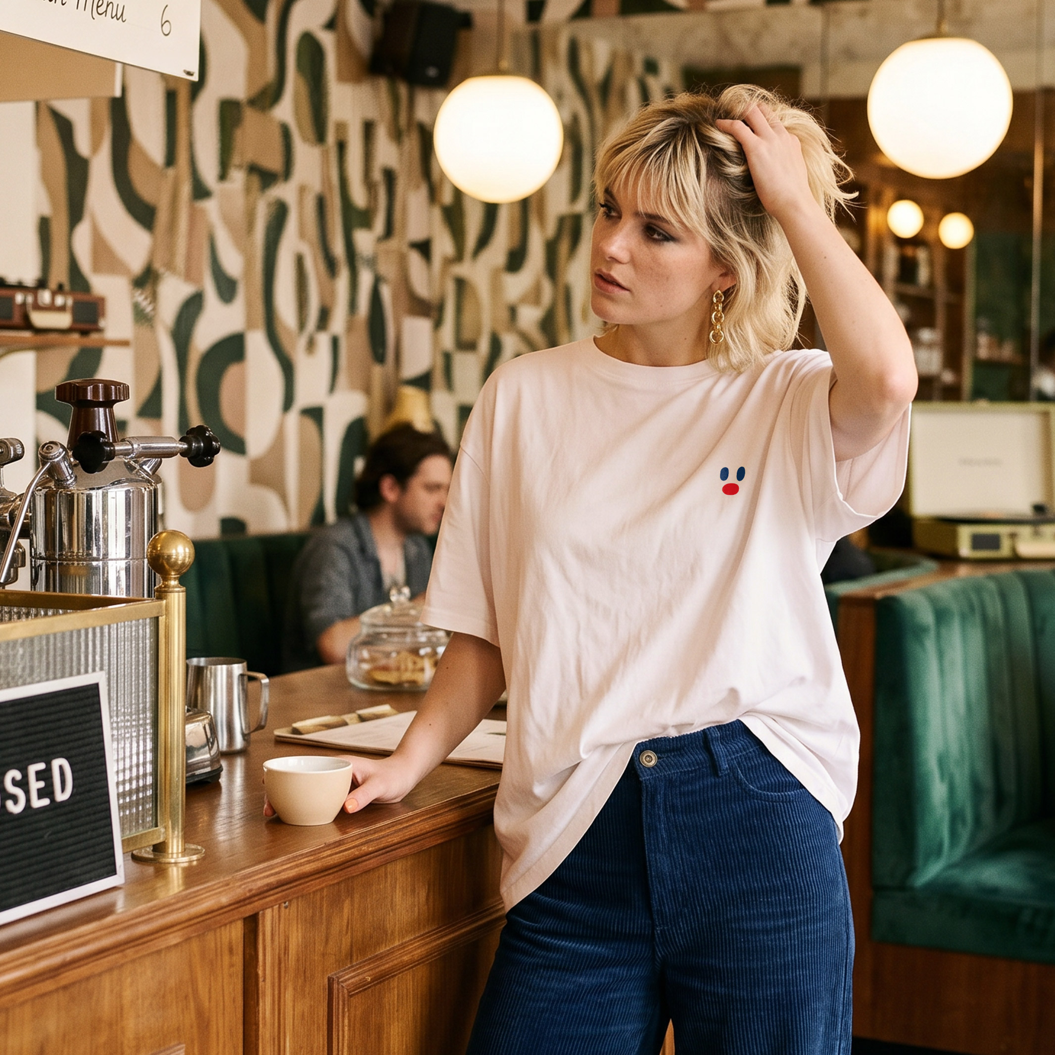 Wearing the Main Character - PROJECTION Ts white T-shirt paired with blue trousers, a person leans on a wooden café counter while holding a cup. A closed sign sits on the counter, and the cosy café setting—with green seating, round lights, and a patterned wall—creates a scene straight out of a Main Character moment. Gate21.ee