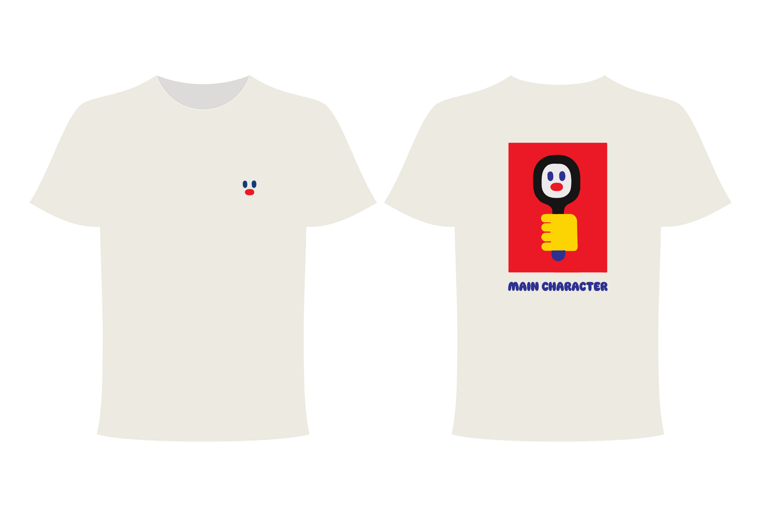 Two white Main Character - PROJECTION Ts: the front features a small abstract face with blue eyes and a red nose, whilst the back displays a larger abstract face and hand on a red rectangle with “MAIN CHARACTER” text underneath. Gate21.ee