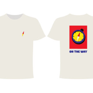 Two white “On the Way - PROJECTION Ts” are shown. The front features a small lightning bolt on the left chest, whilst the back displays a stopwatch with a bolt inside, set against a red rectangle, and the words “ON THE WAY” in blue text—a bold statement from our signature T-shirt collection. Gate21.ee