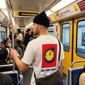 A man standing on a crowded underground train holds a pole. He wears a black beanie and an “On the Way - PROJECTION Ts” white T-shirt featuring a compass graphic and the text ON THE WAY. The station sign reads Alexanderplatz. Gate21.ee