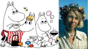 On the left, three illustrated Moomin characters drink tea and sit among flowers. On the right, a woman with a flower crown stands outdoors, looking at the camera. Gate21.ee