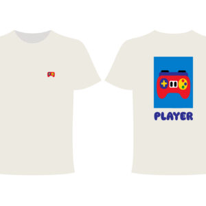 Front and back of a white Player - PROJECTION T-shirt; the front features a small game controller graphic, whilst the back showcases a large game controller on a blue background above the word PLAYER in bold, rounded letters. Gate21.ee
