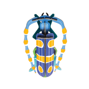 The Rosalia Beetle, a vibrant and stylised model featuring blue, yellow, and green patterns with segmented legs, is displayed against a plain white background—reflecting the distinctive design ethos of StudioROOF creations. Gate21.ee