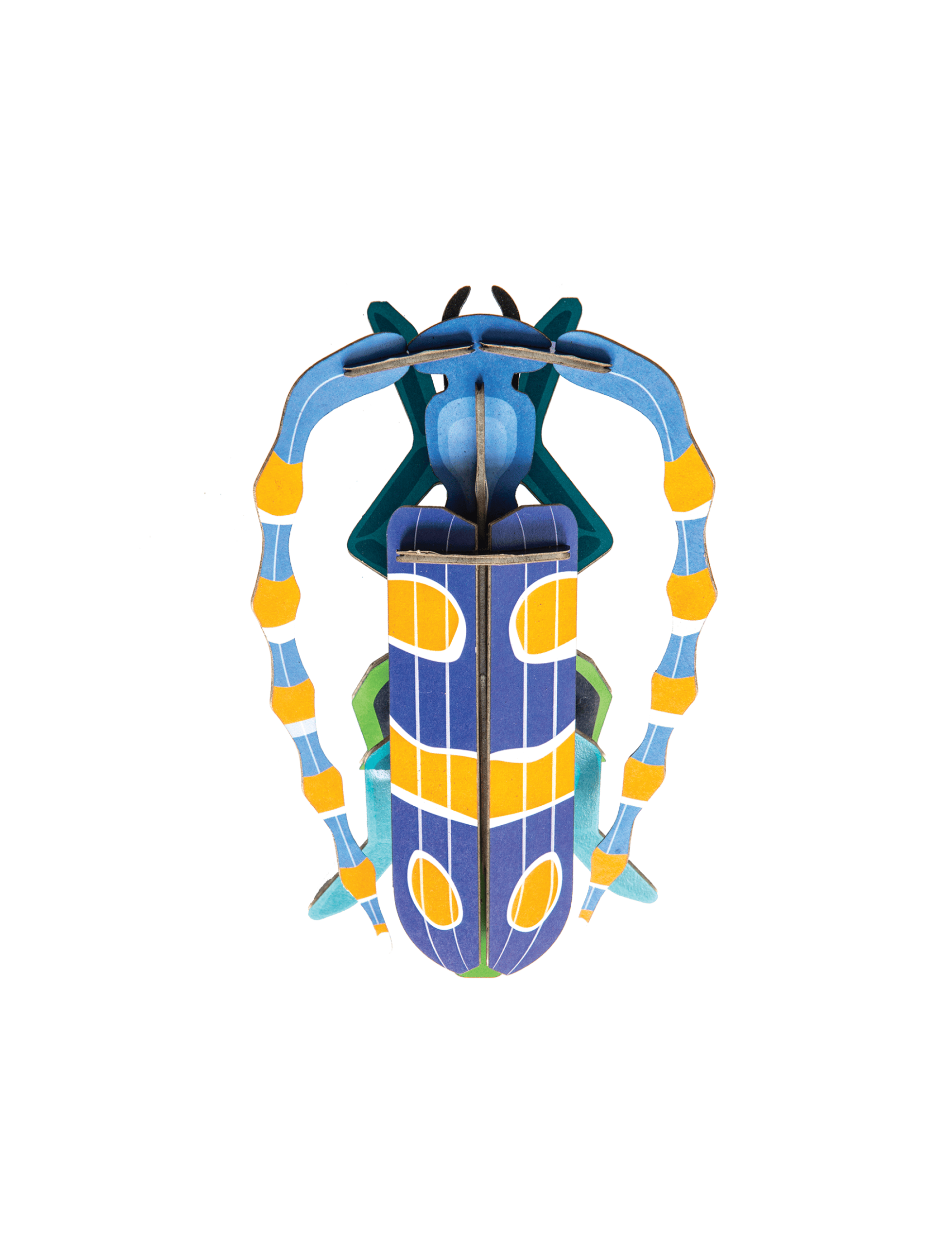 The Rosalia Beetle, a vibrant and stylised model featuring blue, yellow, and green patterns with segmented legs, is displayed against a plain white background—reflecting the distinctive design ethos of StudioROOF creations. Gate21.ee