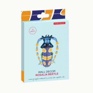A product box for the Rosalia Beetle from studio ROOF showcases a vibrant beetle illustration alongside items from the StudioROOF dragonfly collection, and highlights that it is a 3D object crafted from recycled cardboard and printed with vegetable inks. Gate21.ee
