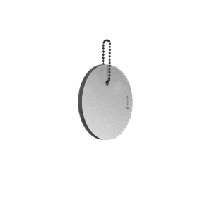 The Dangle - Round - Grey features a flat, round grey reflector with a thin black edge, hanging from a beaded metal chain against a white background with a faint shadow underneath. Gate21.ee