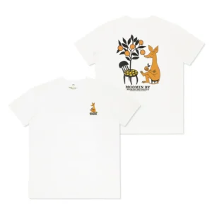Moomin Ts - Sniff - White features a white T-shirt with a small illustration of Sniff and a plant on the front left chest, plus a larger version of the same illustration along with the MOOMIN BY MONO COMME ÇA text on the back—making it an ideal addition for fans seeking unique Moomin T-shirts for their collection. Gate21.ee