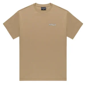 The Coco Nerm Tee - Tan is a plain beige short-sleeve t-shirt featuring a small white RIPNDIP logo on the left chest. Part of the RIPNDIP T-shirts collection, this stylish tee is displayed laid flat on a white background to show the front view. Gate21.ee