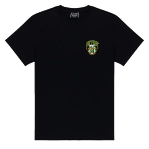 The Sanctum Tee - Black features a classic crew neck and short sleeves, with a small, vibrant graphic reminiscent of an abstract eye and sunburst on the left chest. This T-shirt captures the playful yet understated vibe characteristic of RIPnDIP designs. Gate21.ee