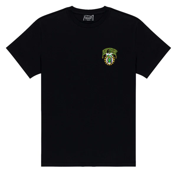 The Sanctum Tee - Black features a classic crew neck and short sleeves, with a small, vibrant graphic reminiscent of an abstract eye and sunburst on the left chest. This T-shirt captures the playful yet understated vibe characteristic of RIPnDIP designs. Gate21.ee