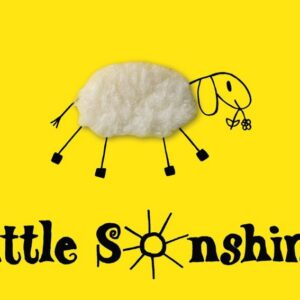 A playful drawing of a sheep with a fluffy, plush body and stick legs stands out against a yellow background on the Sunshine - Inkognito Postcards. Beneath the sheep, the words “Little Sonshine” appear, with a sun illustration cleverly replacing the “o” in “Sonshine,” evoking the cheerful nostalgia of childhood postcards. Gate21.ee