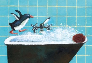 A cartoon penguin jumps into a black bath filled with splashing water. Perched on the rim is a brown object resembling a “Penguin - Inkognito Postcards” plush collectible. The background displays blue tiles with a yellow grid pattern. Gate21.ee