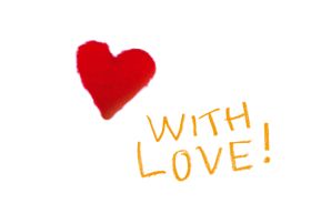 A red heart hovers above the handwritten phrase WITH LOVE! in cheerful yellow-orange script on a white background, capturing the whimsical spirit characteristic of Inkognito’s “With Love” postcards. Gate21.ee