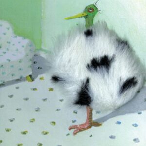 A duck with a fluffy, white and black-spotted body stands in a pastel-coloured room with a dotted floor and a patterned sofa. Its legs and head appear drawn, while its body is a patch of realistic fur—reminiscent of the whimsical textures found on Emu - Inkognito Postcards. Gate21.ee