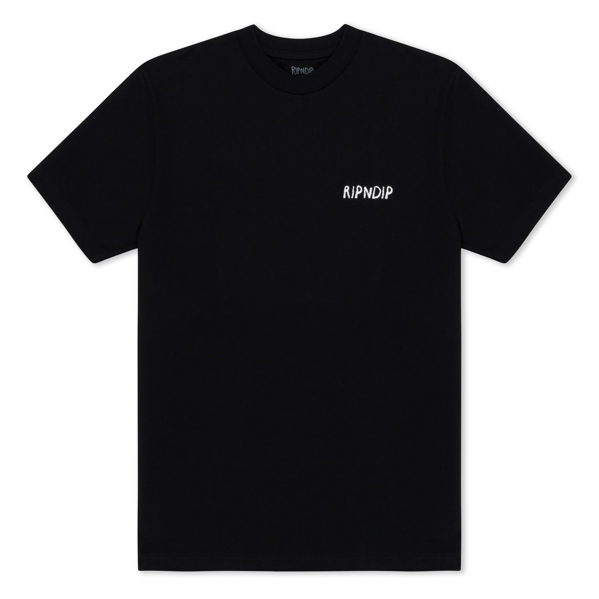 A plain black short-sleeve t-shirt, known as the Coco Nerm Tee - Black, features the word RIPNDIP printed in small white letters on the left chest. The shirt is laid flat on a white background. Gate21.ee