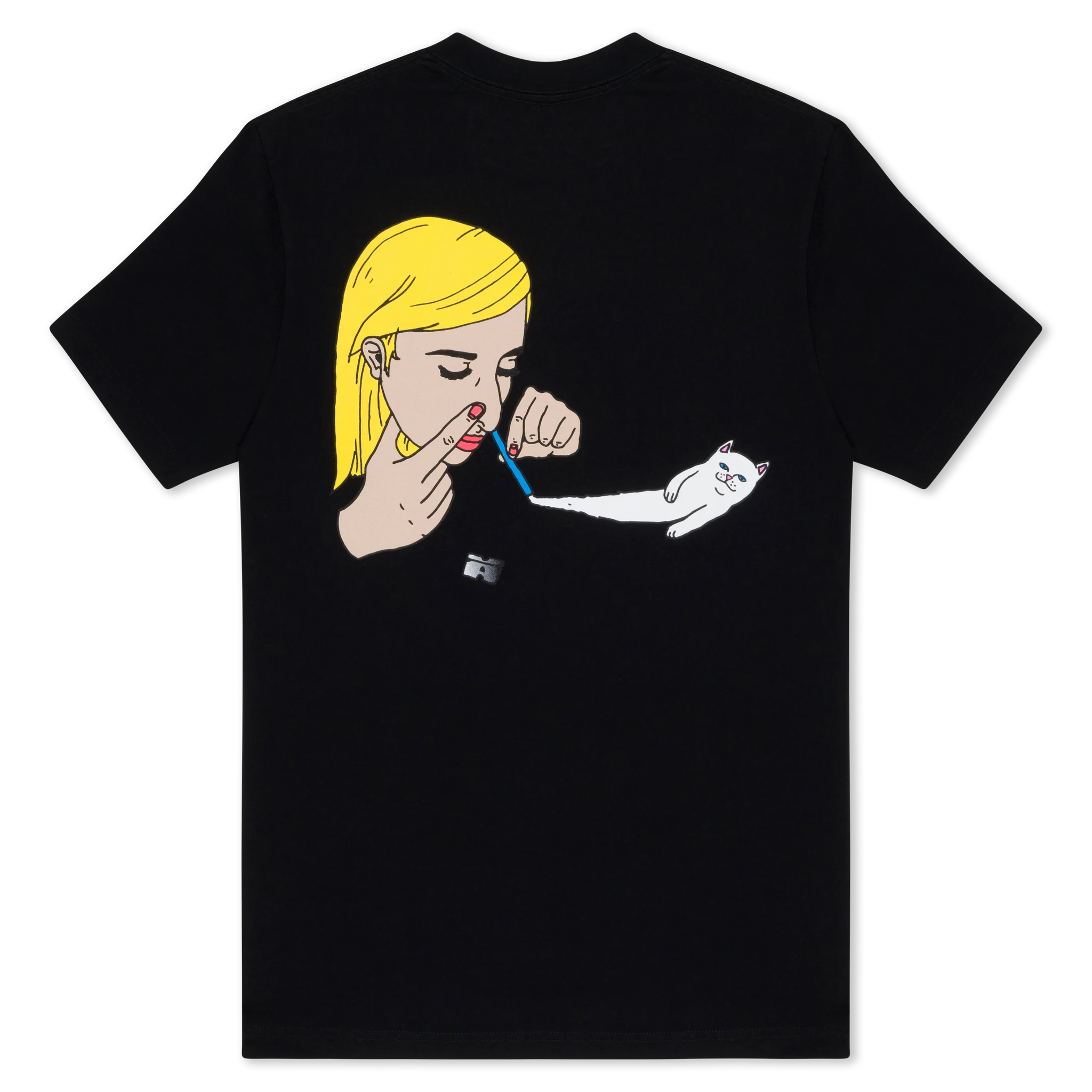 Black Coco Nerm Tee featuring a unique illustration inspired by RipnDip’s signature style. The back design showcases a blonde person sipping from a straw that creatively morphs into a stretching white cat lying on its back, facing the person—a playful and eye-catching piece for any RipnDip fan. Gate21.ee