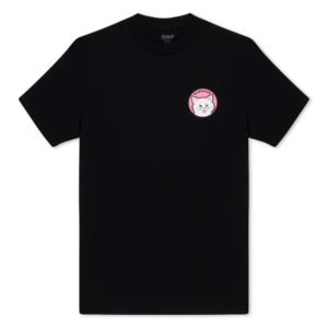 A black short-sleeve T-shirt, the Stop Being a Pussy Tee, features a small circular patch on the left chest with a white cat’s face outlined in pink. The cat has a neutral expression, and the shirt is set against a plain white background. Gate21.ee