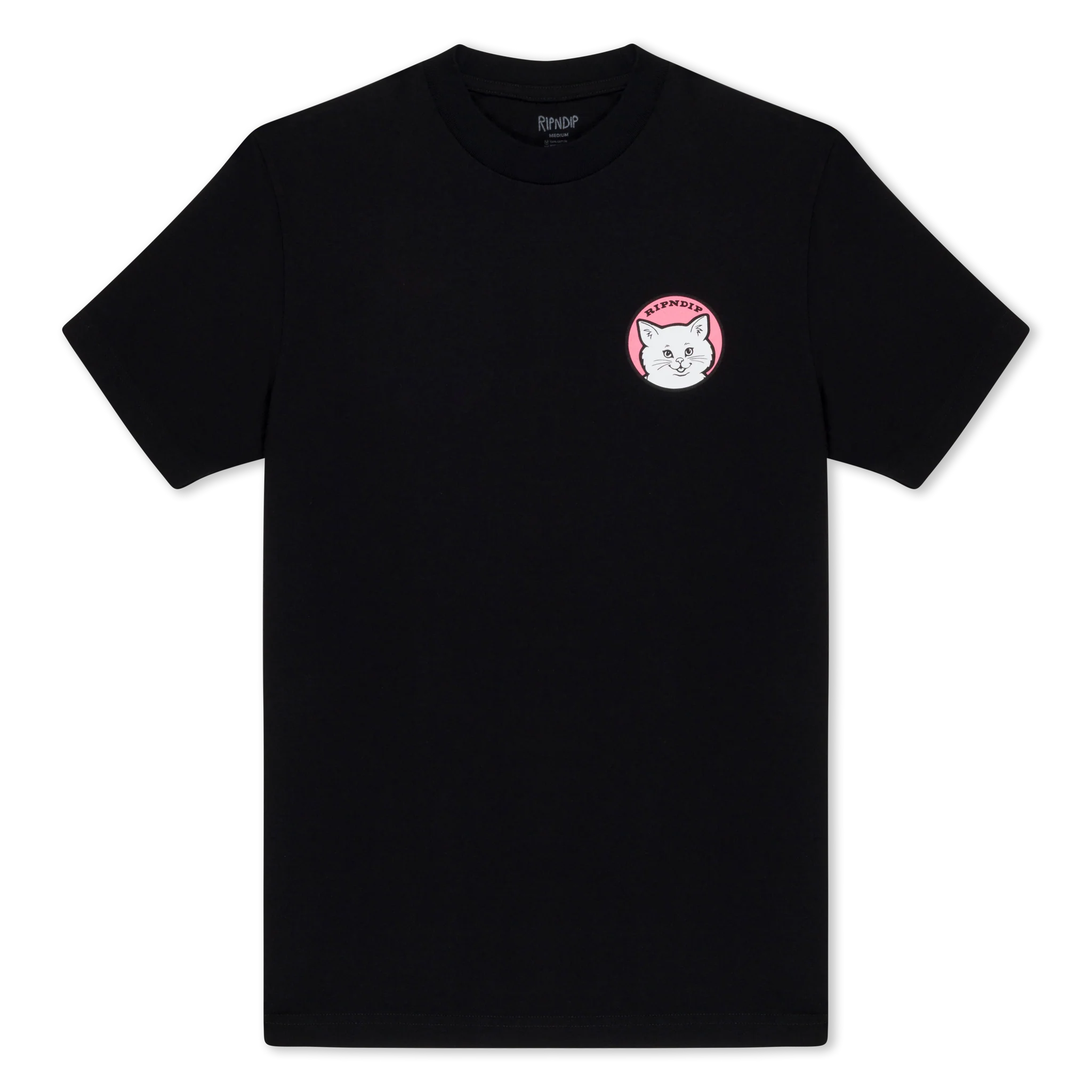 A black short-sleeve T-shirt, the Stop Being a Pussy Tee, features a small circular patch on the left chest with a white cat’s face outlined in pink. The cat has a neutral expression, and the shirt is set against a plain white background. Gate21.ee