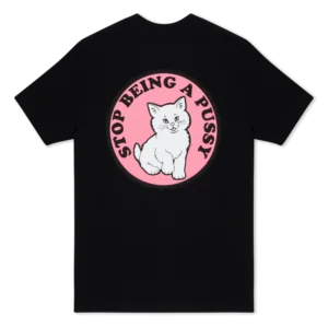 The Stop Being a Pussy Tee - Black by RIPnDIP is a black T-shirt featuring a large pink circle on the back with an illustration of a white cat surrounded by the bold, black text “STOP BEING A PUSSY.”. Gate21.ee
