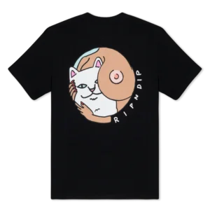 A black Must Be Nice Tee features an illustration of a white cat being hugged by two human arms. One arm wraps around the cat, whilst the other forms a circular shape with a hand covering part of a breast. The word RIPNDIP curves along the circle, adding a bold statement to this unique RipnDip design. Gate21.ee