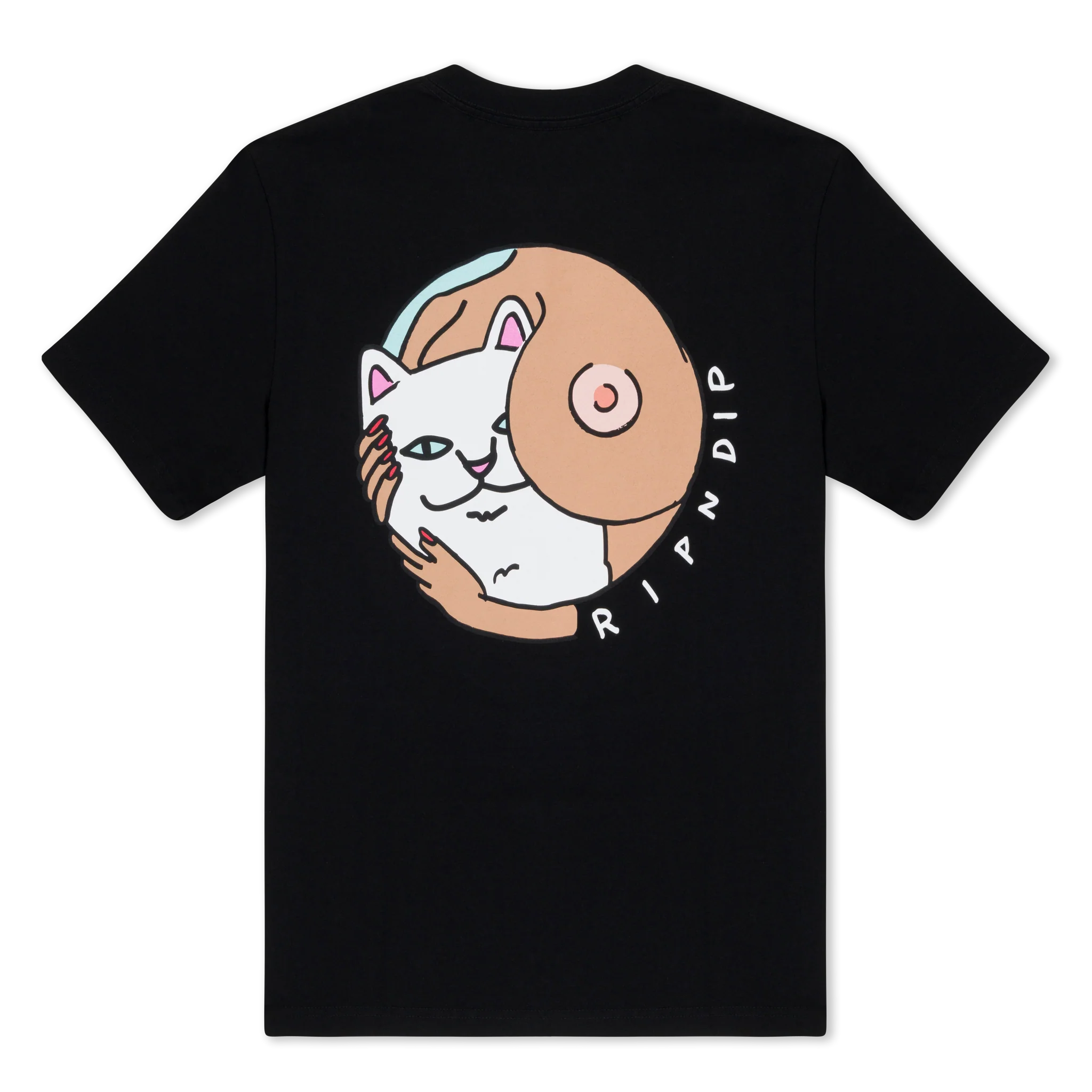 A black Must Be Nice Tee features an illustration of a white cat being hugged by two human arms. One arm wraps around the cat, whilst the other forms a circular shape with a hand covering part of a breast. The word RIPNDIP curves along the circle, adding a bold statement to this unique RipnDip design. Gate21.ee