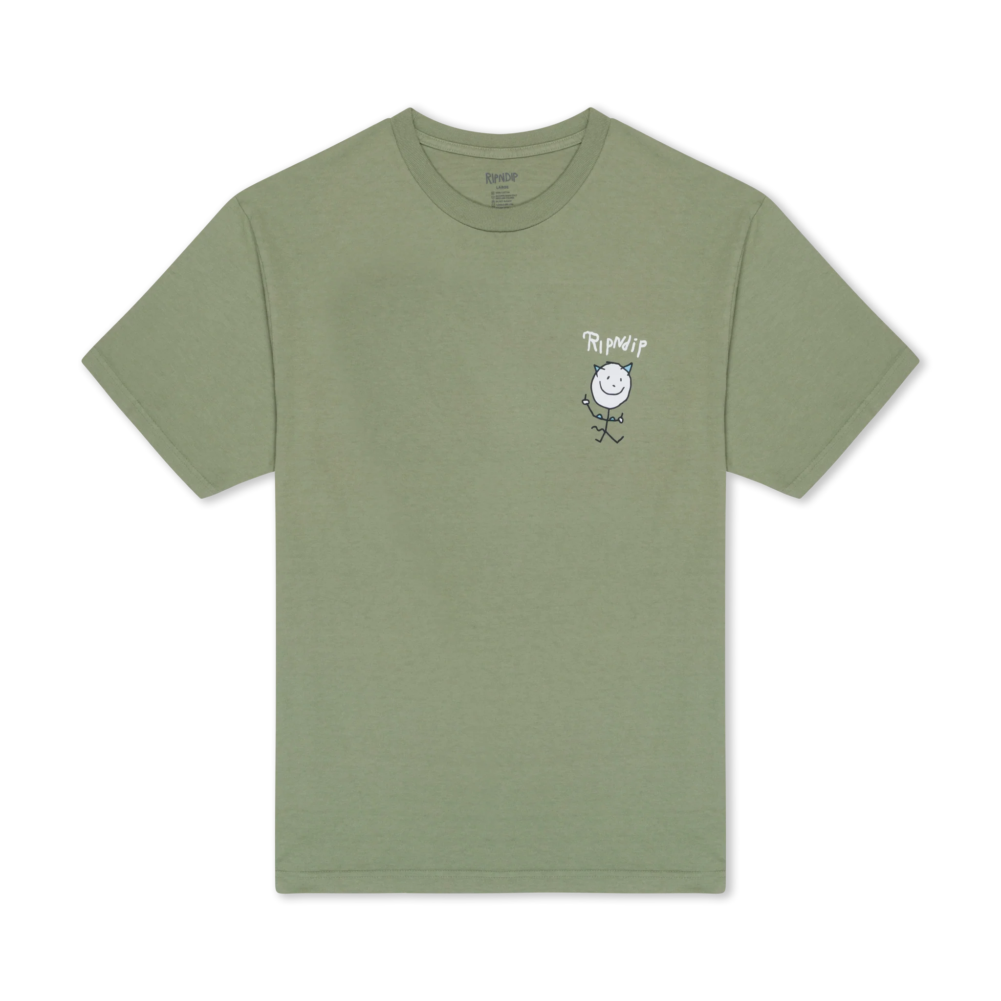 A dusty olive short-sleeve T-shirt, reminiscent of the playful aesthetic seen in pieces like the RIPnDIP Skelly Nerm Smokes Tee, featuring a small stick figure graphic and the text RWMWP on the left chest. The Nerman Rockwell Tee is laid flat on a white background. Gate21.ee