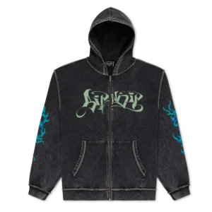 Introducing the Squabble UP Hoodie - Black Vintage Wash, featuring light green graffiti-style KINDLY text on the chest and striking blue flame graphics down both sleeves. Inspired by RipnDip’s streetwear aesthetic, this zip-up hoodie includes front pockets and visible seam details for a bold, urban look. Gate21.ee