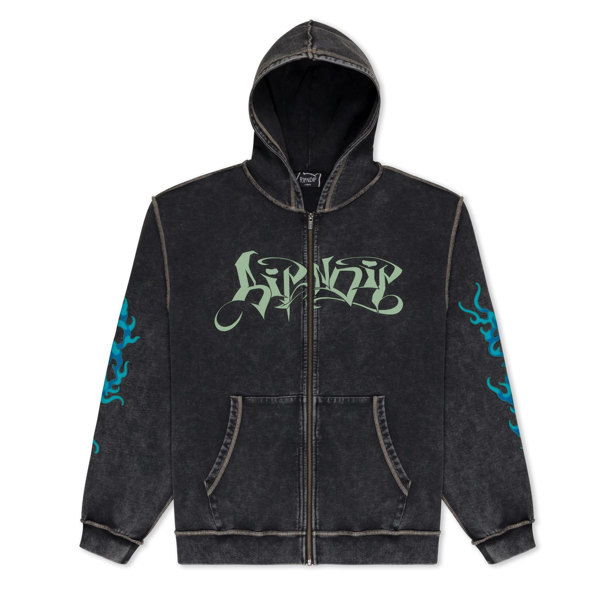 Introducing the Squabble UP Hoodie - Black Vintage Wash, featuring light green graffiti-style KINDLY text on the chest and striking blue flame graphics down both sleeves. Inspired by RipnDip’s streetwear aesthetic, this zip-up hoodie includes front pockets and visible seam details for a bold, urban look. Gate21.ee