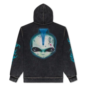 A black vintage wash Squabble UP Hoodie features a large graphic of an alien head with a blue mohawk and forehead doodles on the back, complemented by bold blue flame-like designs running down both sleeves—a look reminiscent of the edgy vibes found in RIPnDIP styles like the Skelly Nerm Smokes Tee Black. Gate21.ee
