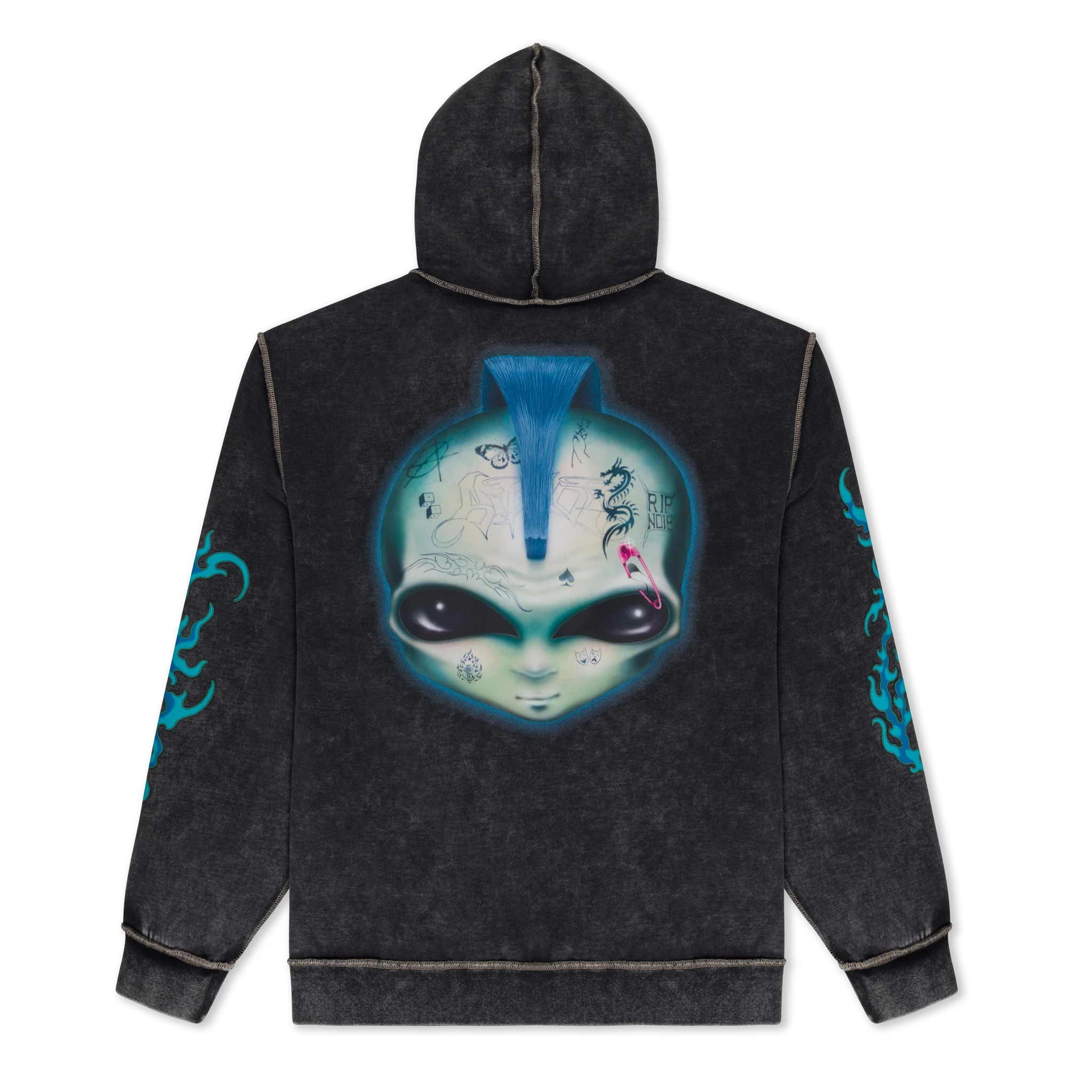 A black vintage wash Squabble UP Hoodie features a large graphic of an alien head with a blue mohawk and forehead doodles on the back, complemented by bold blue flame-like designs running down both sleeves—a look reminiscent of the edgy vibes found in RIPnDIP styles like the Skelly Nerm Smokes Tee Black. Gate21.ee