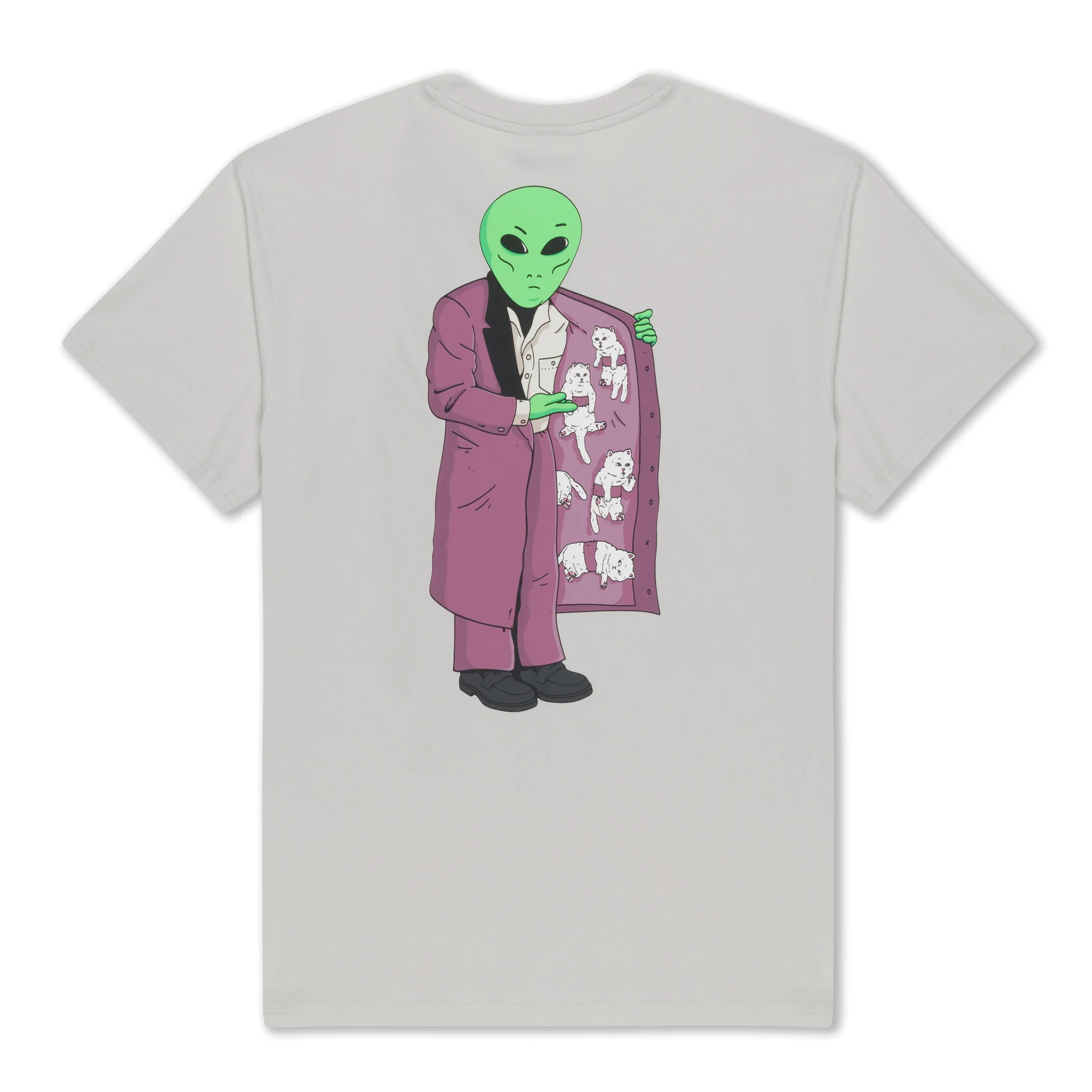 A grey “For Sale Pocket Tee” displays a playful illustration in the RipnDip style, with a green alien in a purple coat opening one side to reveal several small white cats inside the lining. Gate21.ee
