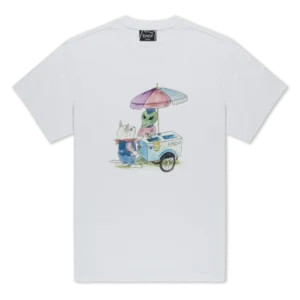 The Nerm Frios Tee - White features a playful illustration of an alien selling food from a cart labelled “RANDIP” to a stylishly dressed anthropomorphic animal under a colourful umbrella—a quirky and fun design inspired by the spirit of RIPnDIP T-shirts. Gate21.ee