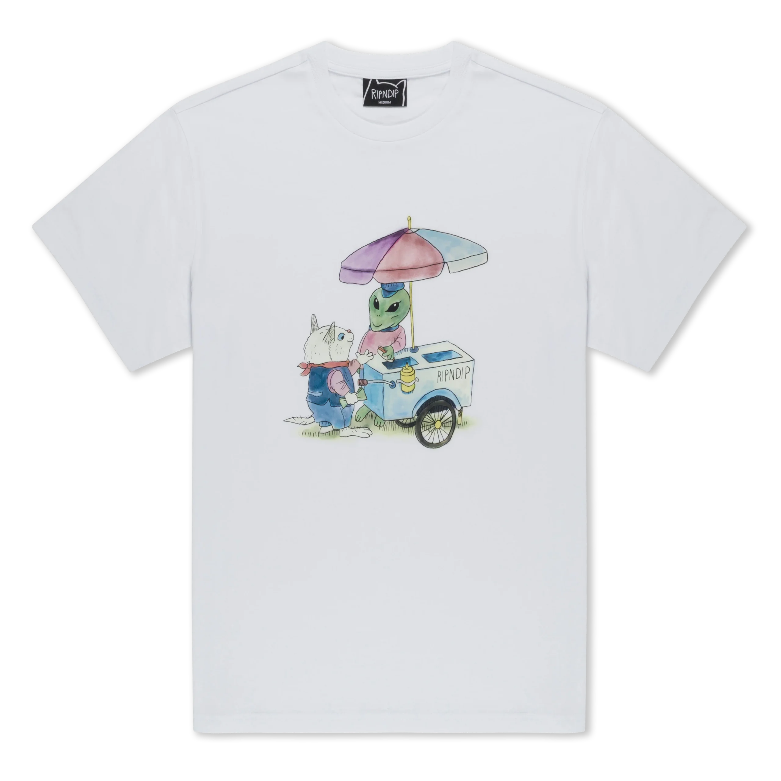 The Nerm Frios Tee - White features a playful illustration of an alien selling food from a cart labelled “RANDIP” to a stylishly dressed anthropomorphic animal under a colourful umbrella—a quirky and fun design inspired by the spirit of RIPnDIP T-shirts. Gate21.ee