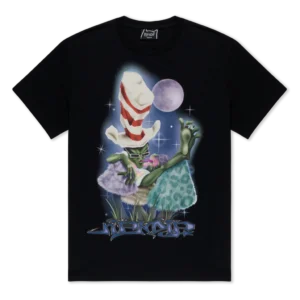 The Big Poe Tee - Black features a graphic of a green creature wearing a striped hat, fluffy outfit, and glasses with one leg raised, set against a background with a purple moon and stars, and stylised JAPAN text at the bottom. Gate21.ee