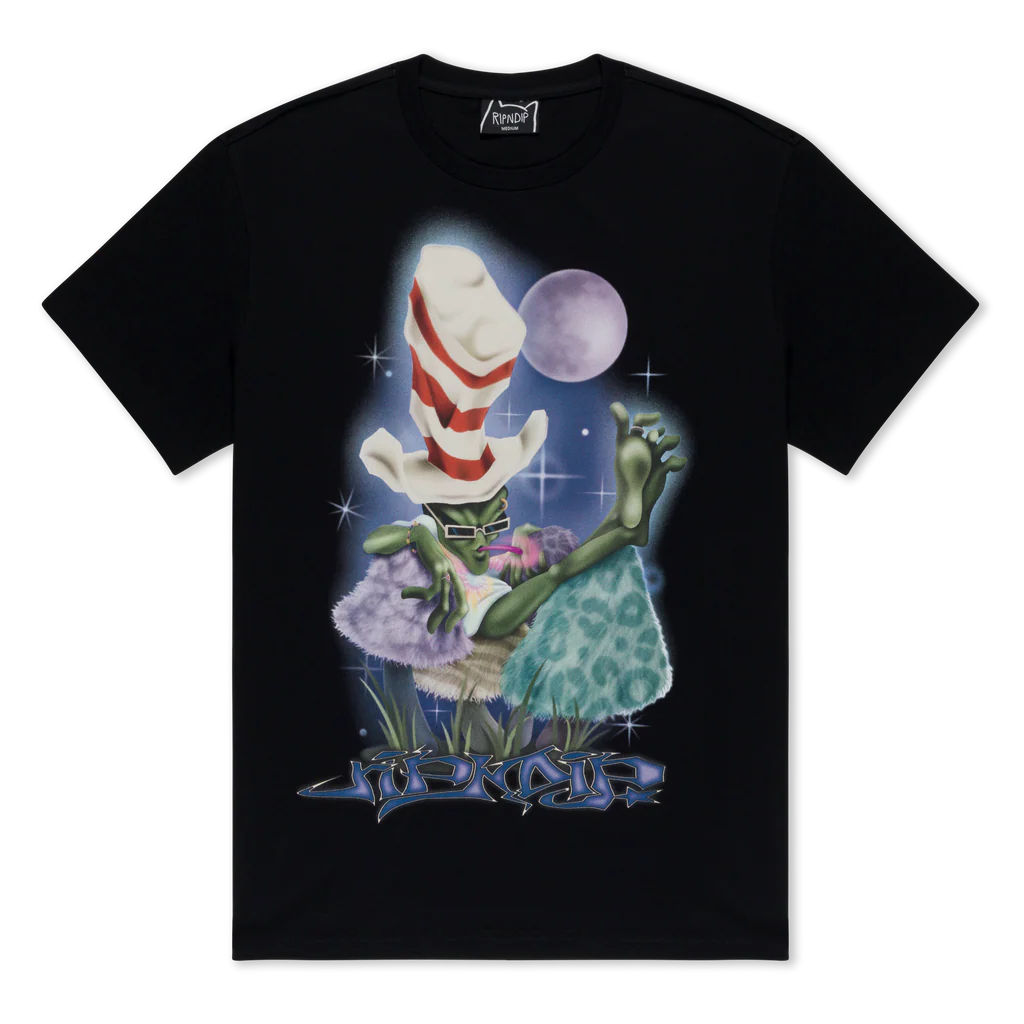 The Big Poe Tee - Black features a graphic of a green creature wearing a striped hat, fluffy outfit, and glasses with one leg raised, set against a background with a purple moon and stars, and stylised JAPAN text at the bottom. Gate21.ee