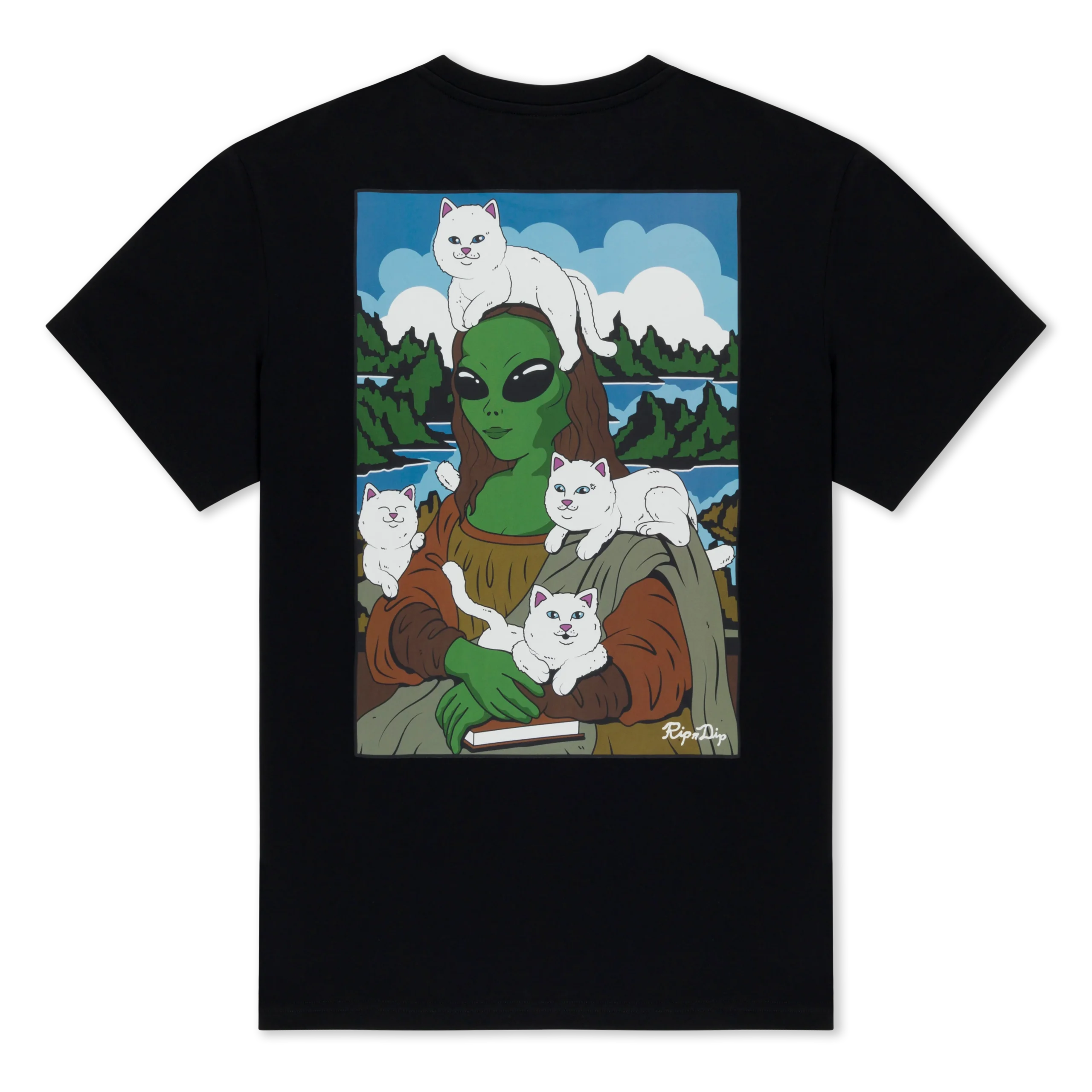 The Here All Along Tee - Black by RIPnDIP showcases an illustration of the Mona Lisa as a green alien, surrounded by five white cats against a scenic landscape with mountains, trees, and a blue sky. Gate21.ee