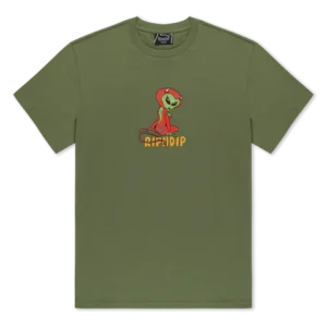 Dusty forest “Devil Alien Tee” featuring a small green alien in a red hoodie graphic above bold yellow and orange RIPNDIP text on the chest, perfect for fans of unique RIPNDIP T-shirts. Gate21.ee