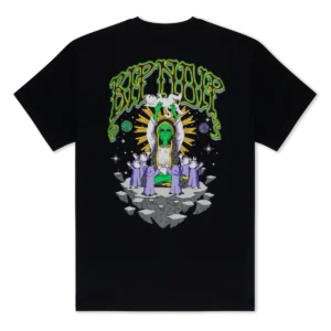 The Sanctum Tee - Black by RIPnDIP features a green alien with glowing eyes, dressed in a robe and standing on a rocky platform, surrounded by small aliens and beams of light. Green stylised “REP YOUR” text appears above the graphic. Gate21.ee