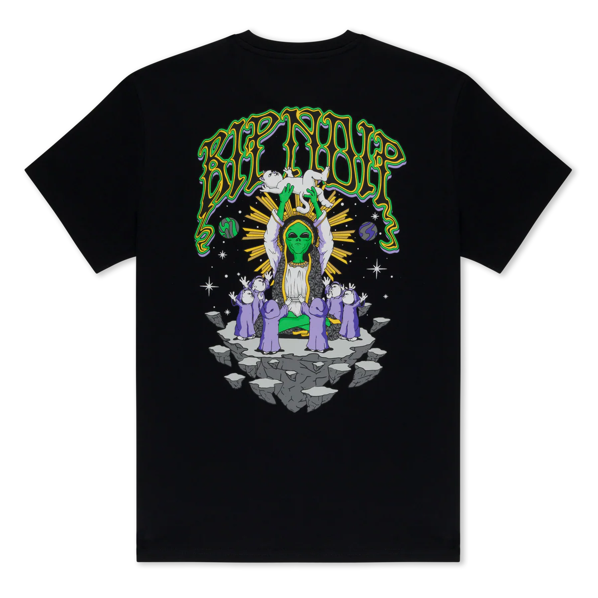 The Sanctum Tee - Black by RIPnDIP features a green alien with glowing eyes, dressed in a robe and standing on a rocky platform, surrounded by small aliens and beams of light. Green stylised “REP YOUR” text appears above the graphic. Gate21.ee