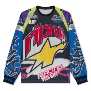 The Allstar Racing Jersey - Multi-colour is a long-sleeve racing top featuring bold, colourful graphics, including “Ripndip” and “Racing Team” text, a large yellow star, and abstract blue, purple, and green designs on the sleeves and shoulders. Gate21.ee