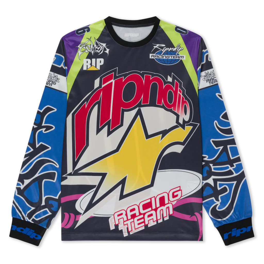 The Allstar Racing Jersey - Multi-colour is a long-sleeve racing top featuring bold, colourful graphics, including “Ripndip” and “Racing Team” text, a large yellow star, and abstract blue, purple, and green designs on the sleeves and shoulders. Gate21.ee