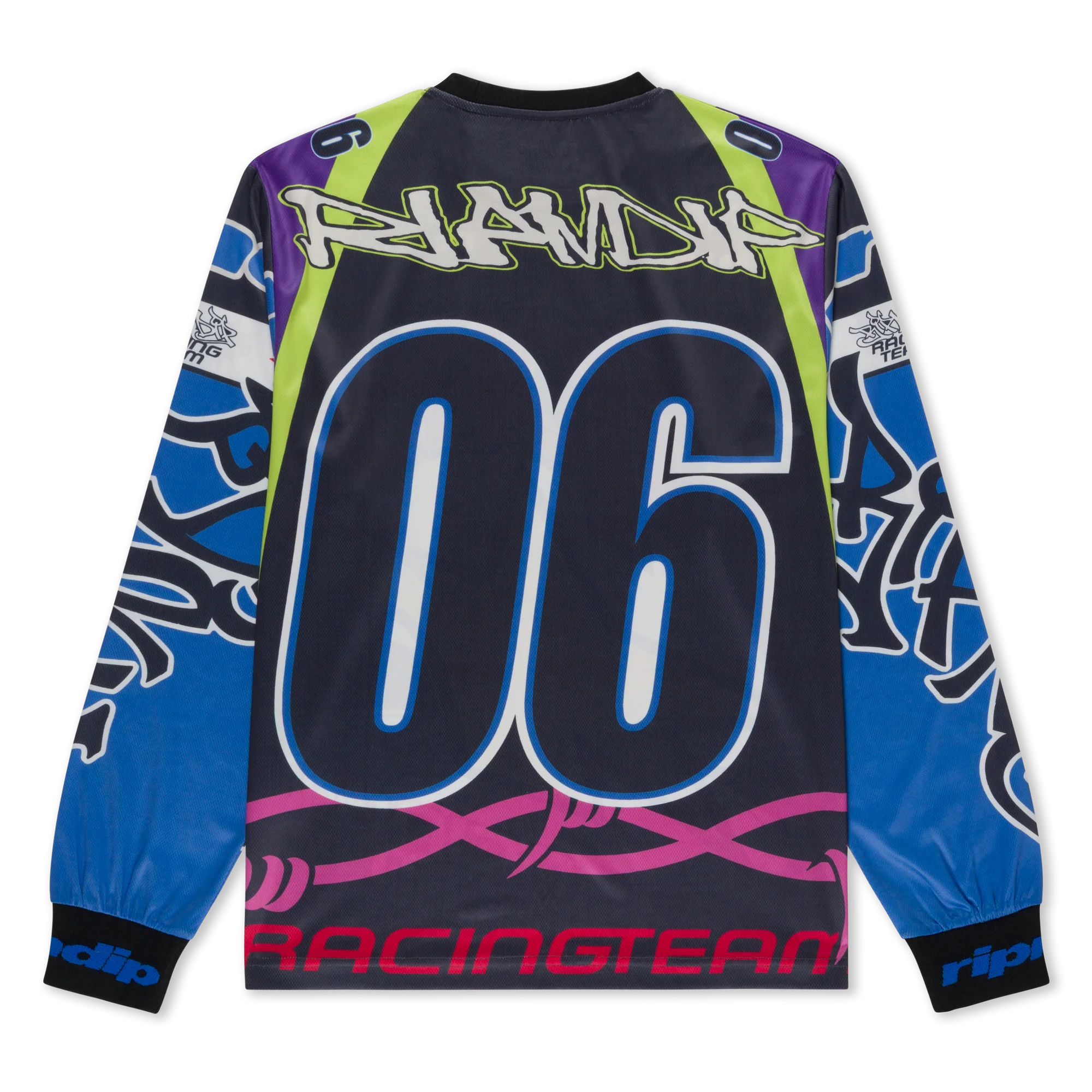 The Allstar Racing Jersey - Multi-colour by Ripndip is a vibrant long-sleeve racing top, showcasing a bold ‘06’ on the back and colourful abstract graphics in blue, pink, purple, green, and black. Various stylised text elements—including “Racingteam” and “Ripndip”—infuse extra energy into its striking multi-colour design. Gate21.ee
