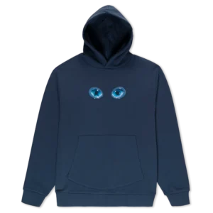 A Dark Slate Ride or Die Hoodie features two realistic blue cat’s eyes printed on the chest, with a front kangaroo pocket and a drawstring hood, laid flat on a white background. Gate21.ee