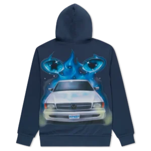 Introducing the Ride or Die Hoodie in Dark Slate—a navy hoodie with an airbrushed design on the back, featuring a white car, blue flames, and a number plate that reads RIPNDIP. The car’s headlights are on, casting a glow beneath starry skies in the background. Gate21.ee
